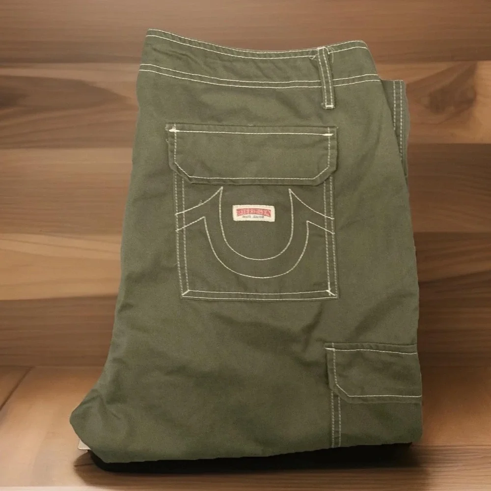 True Religion Cargo Pants Sz 38x32 Green Utility Streetwear White Stitching - Picture 3 of 11
